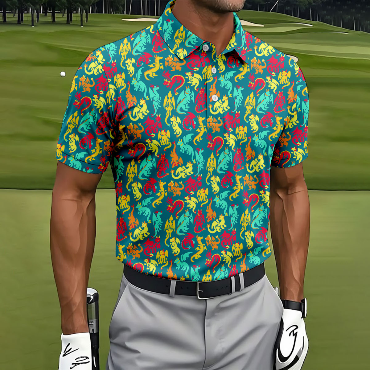 Cartoon Dragons Colorful Golf Shirt, Cute Golf Outfit, Polo Shirt Men, Golf Shirts For Men