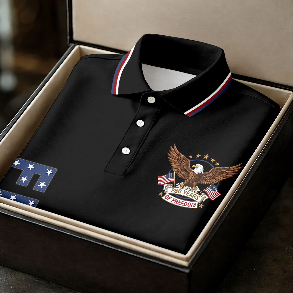 250 Years Of Freedom US Flag Logo Black Golf Shirt, Patriotic 4th Of July Golf Shirts For Men