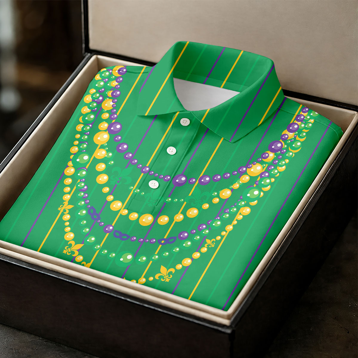 Mardi Gras Beads Necklaces Print Green Golf Shirt, Golf Tops For Men, Polo ShirtFor Men, Golf Shirts For Men