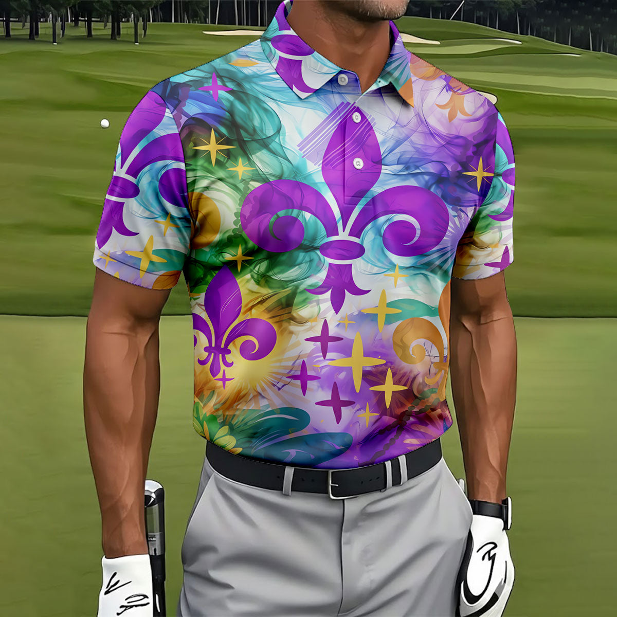 Mardi Gras Festival Fleur De Lis Symbol Purple Green Gold Polo ShirtFor Men, Golf Shirts For Men