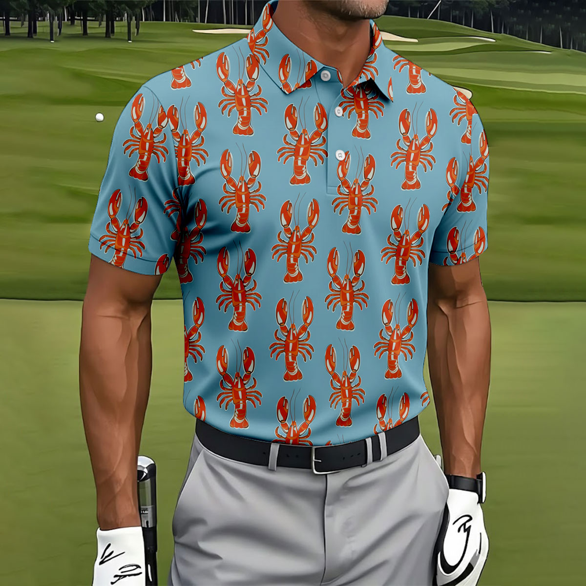 Orange Lobsters Light Blue Mardi Gras Golf Shirt, Golf Tops For Men, Polo ShirtFor Men, Golf Shirts For Men