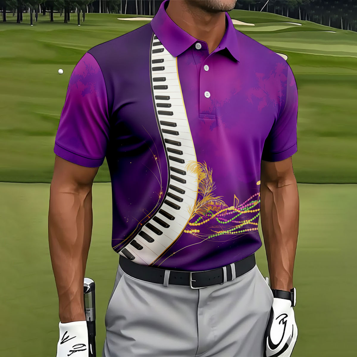 Mardi Gras Feather Beads Piano Keyboard Print Purple Golf Shirt, Polo ShirtFor Men, Golf Shirts For Men