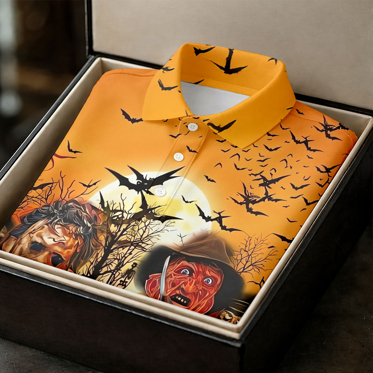 Halloween Horror Character Sunset Hawaiian Golf Shirt, Women's Golf Tops, Printed Golf Shirt
