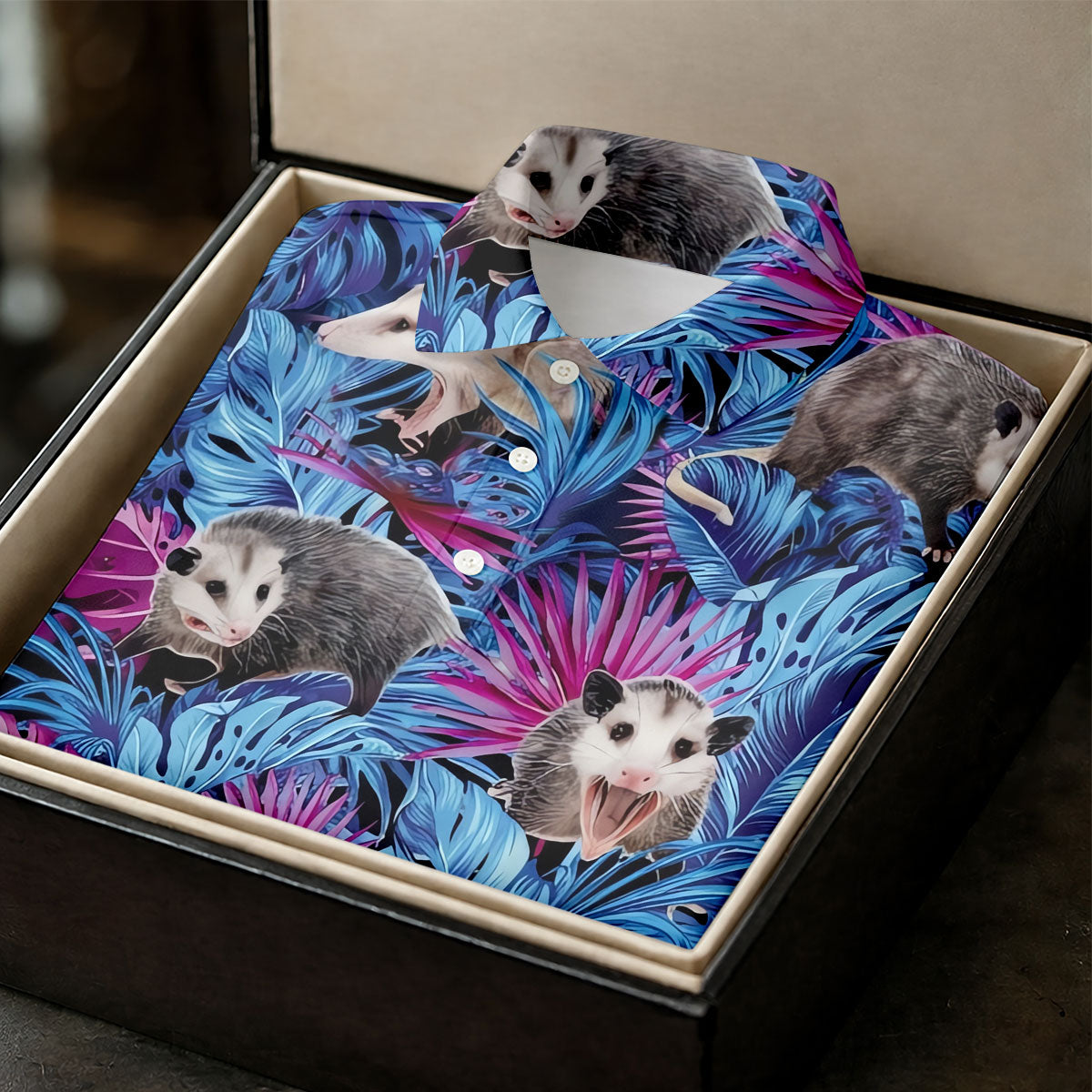 Funny Opossum Blue Purple Hawaiian Golf Shirt, Tropical Theme Golf Shirts For Men