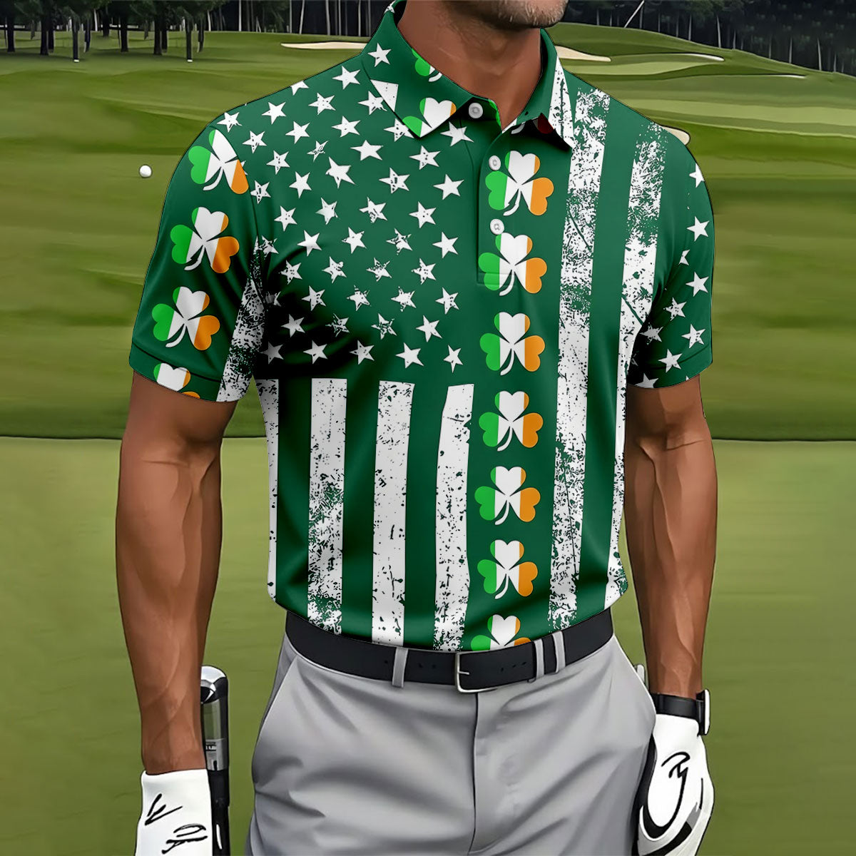 Irish Shamrock Vertical Stripes St Patrick's Day Golf Shirt, Polo ShirtFor Men, Golf Shirts For Men