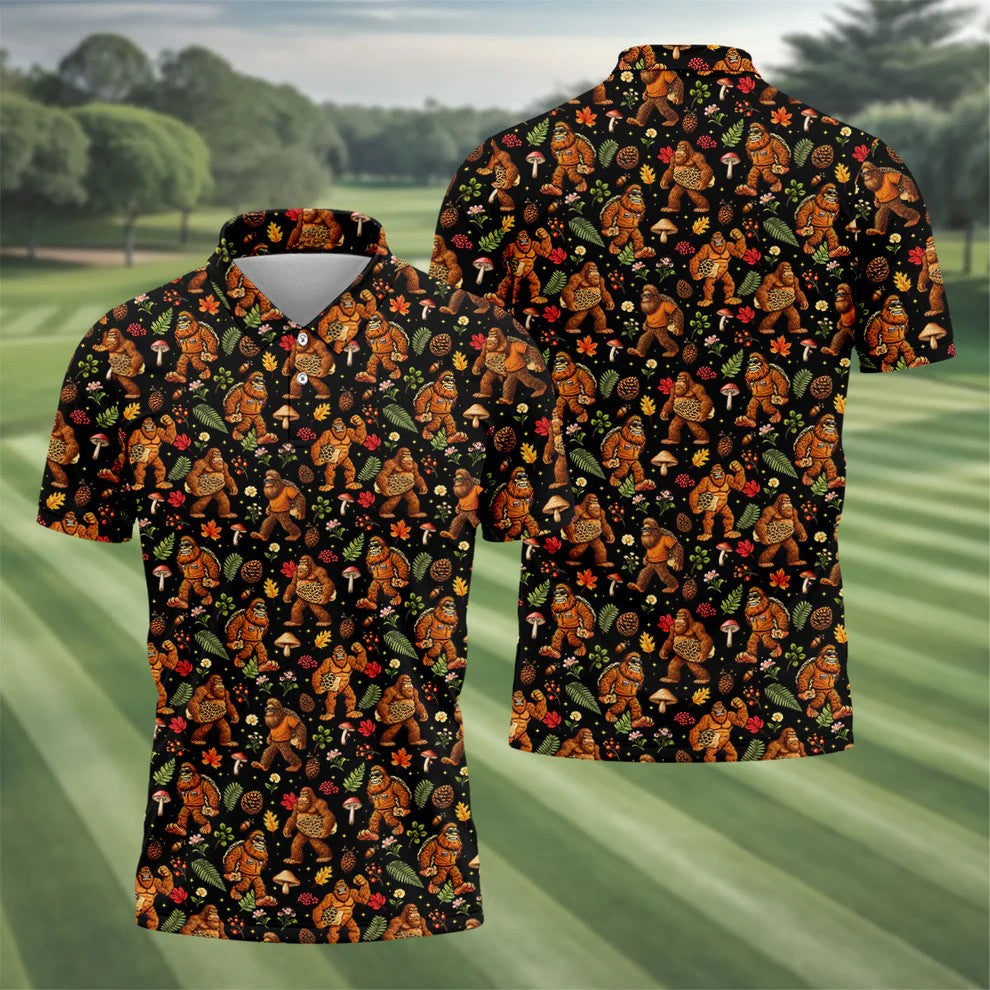 Autumn Bigfoot Forest Pattern Polo Shirt, Mens Golf Apparel, Hawaiian Golf Shirt, Printed Golf Shirts