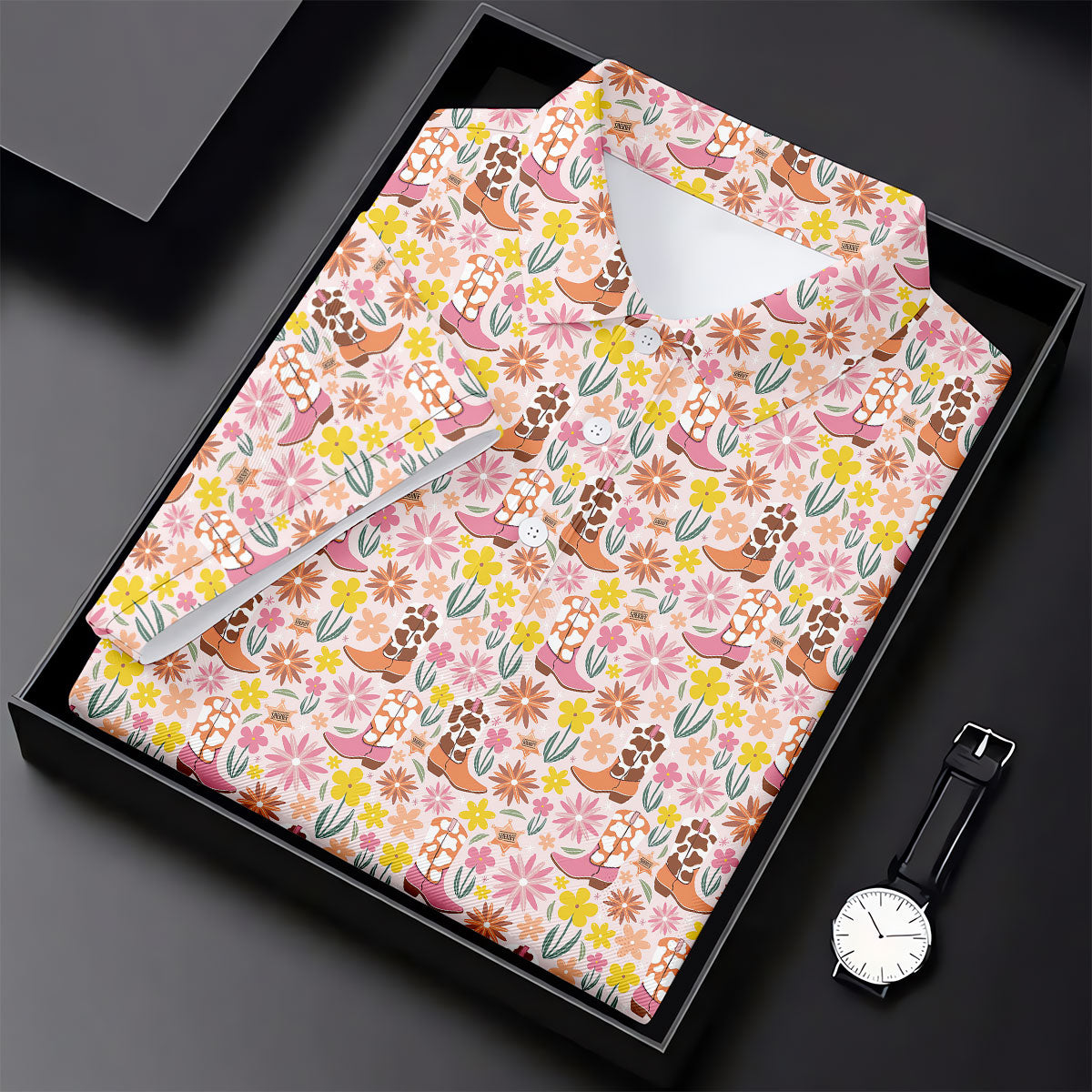 Pink Floral Cowgirl Boots Pattern Golf Polo Shirt, Golf Polo For Women, Ladies Golf Tops