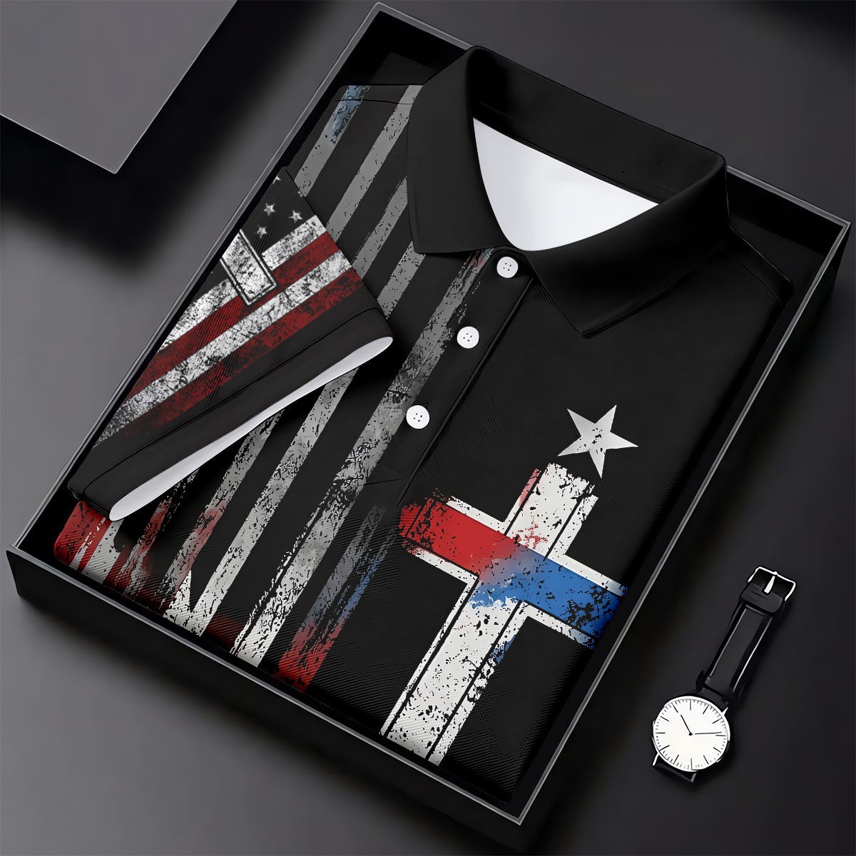 Faith Cross US Flag Golf Shirt, 250 Years Retro Golf Shirt, Patriotic 4th Of July Polo Shirt Men