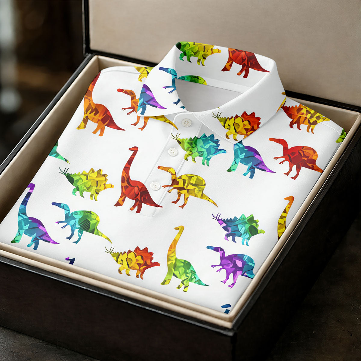 Colorful Dinosaur White Golf Shirt, Golf Tops For Men, Golf Shirts For Men, Polo ShirtFor Men