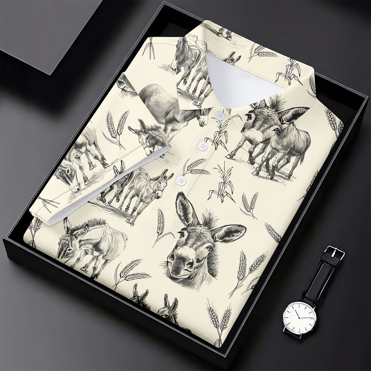 Vintage Donkey Sketch Pattern Hawaiian Golf Polo Shirt, Hawaiian Golf Shirt, Golf Shirts For Men