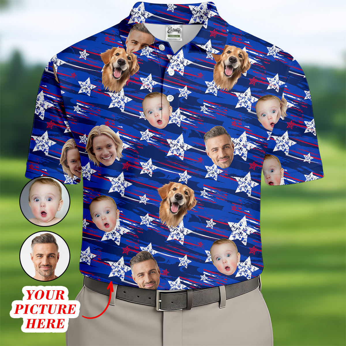 Independence Day Custom Shirts With Faces, Patriotic Golf Shirt, Men's Golf Polo ShirtUSA Golf Shirt