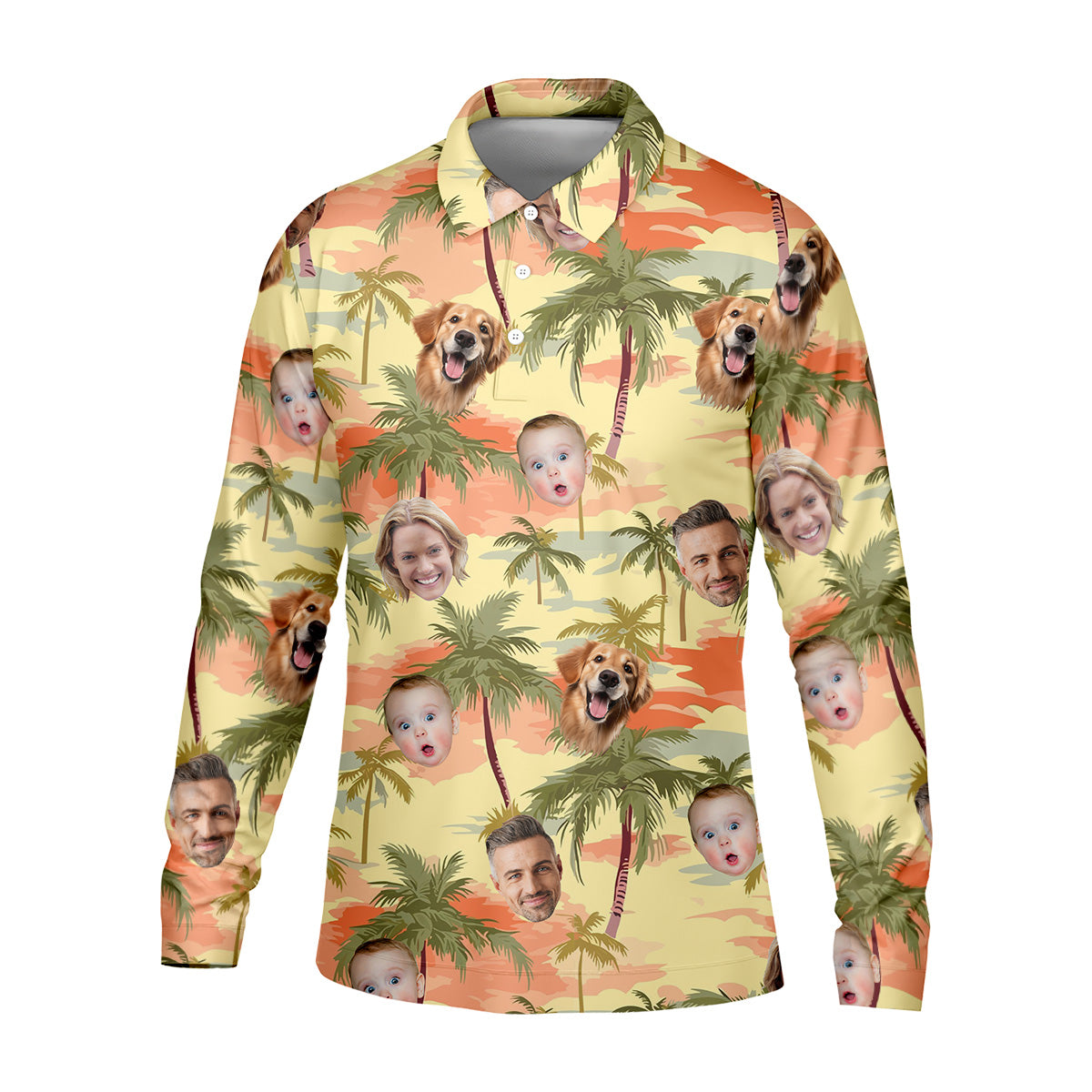 Yellow Sunset Hawaiian Shirt Face, Men Golf Polo, Matching Hawaiian Outfits, Long Sleeve Polo
