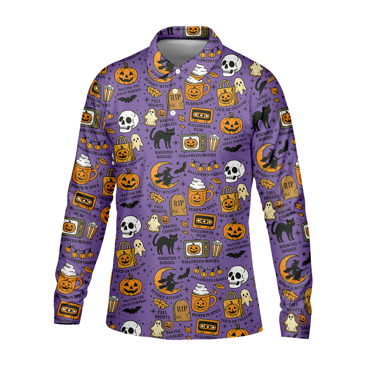Purple Halloween Skull Golf Shirt, Spooky Cat, Mens Golf Polo Shirt Halloween Theme Shirts, Golfing Apparel