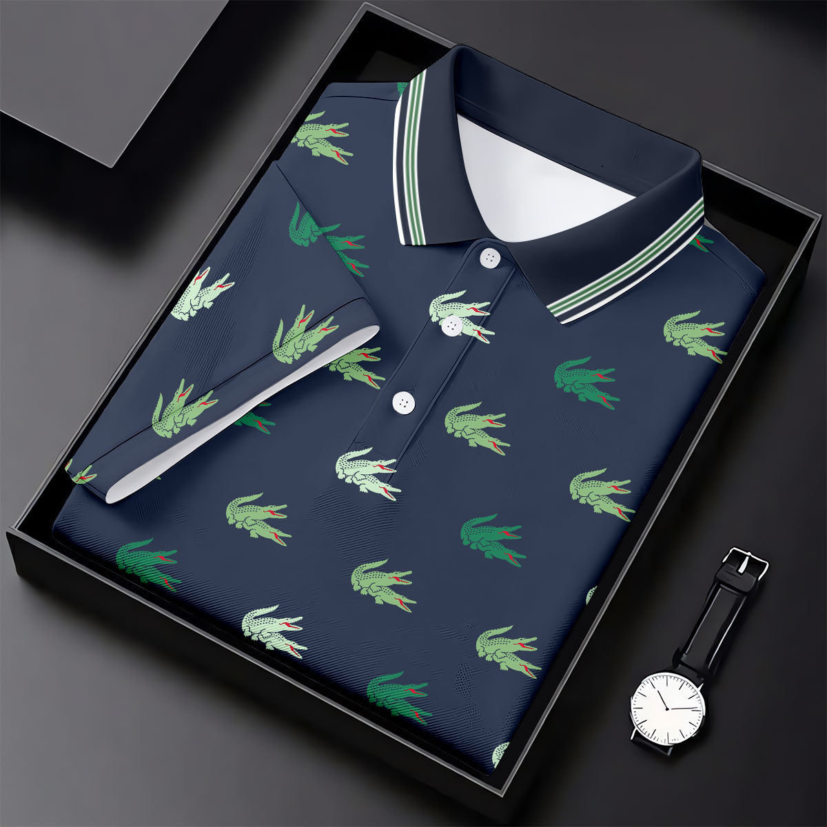 Navy Crocodile Pattern Golf Shirt, Mens Polo Shirt, Golf Shirts For Men, Performance Golf Shirt
