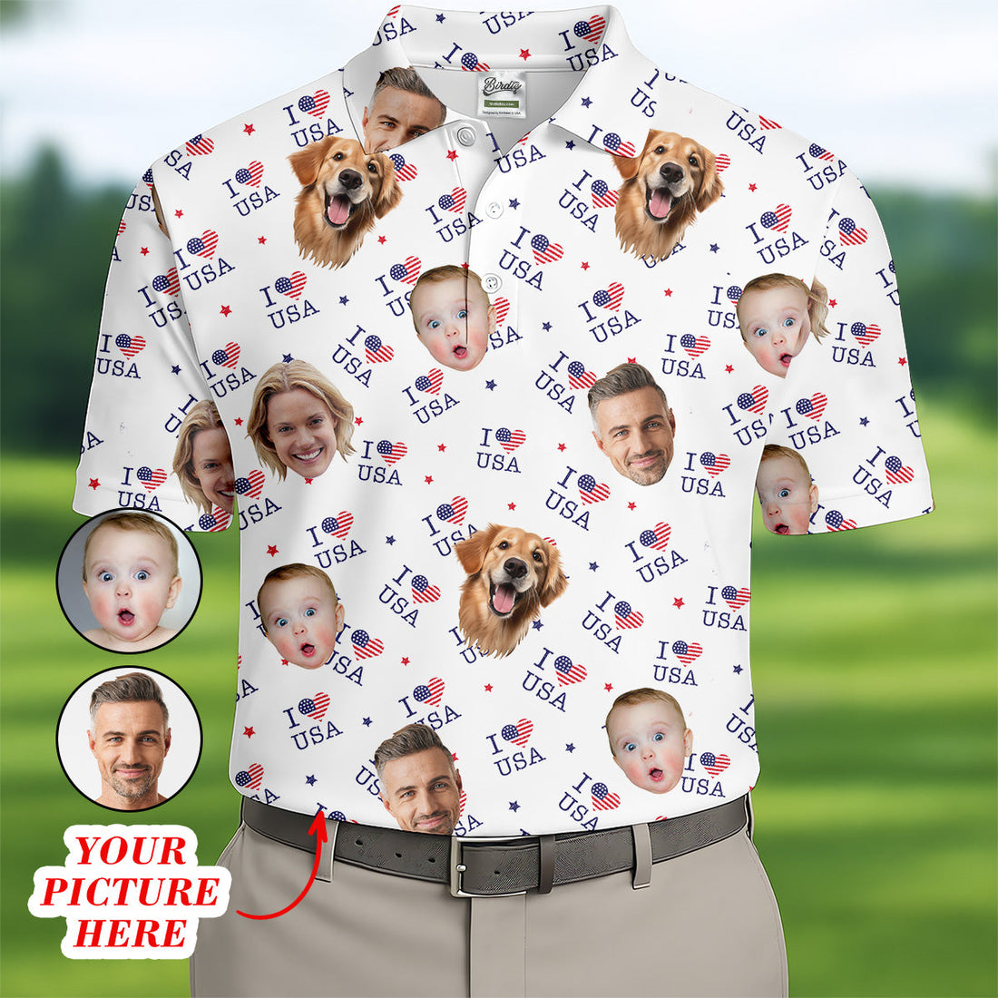 I Love USA Personalized Face Shirts, Men's Golf Polo ShirtPatriotic Golf Polo Shirt4th Of July Shirt, USA Golf Shirt
