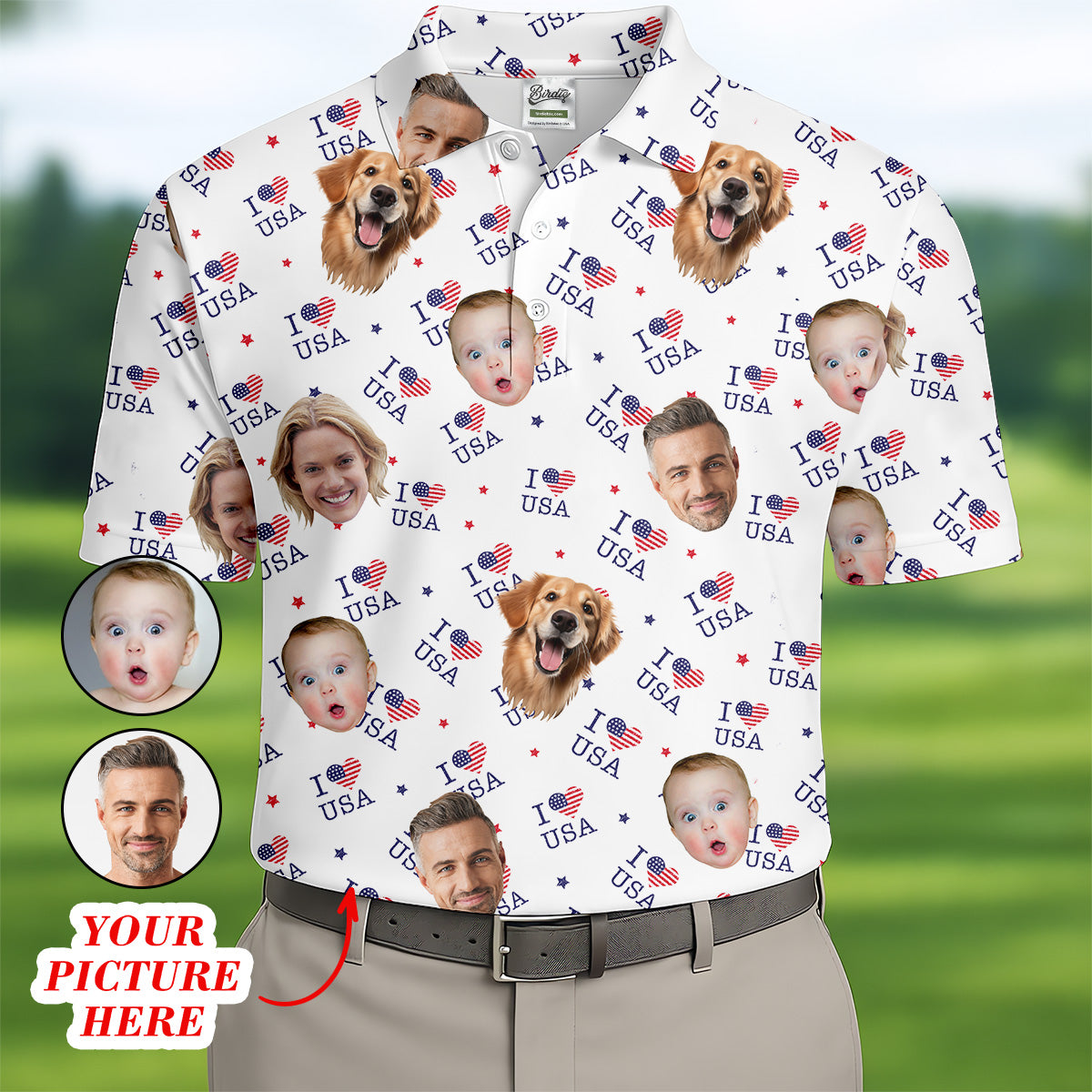 I Love USA Personalized Face Shirts, Men's Golf Polo ShirtPatriotic Golf Polo Shirt4th Of July Shirt, USA Golf Shirt