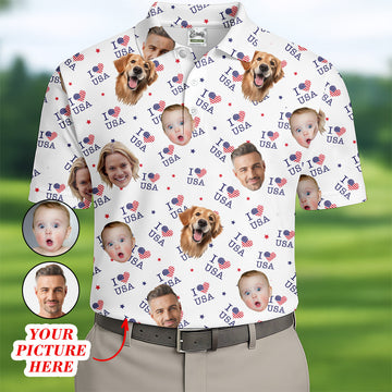 I Love USA Personalized Face Shirts, Men's Golf Polo ShirtPatriotic Golf Polo Shirt4th Of July Shirt, USA Golf Shirt