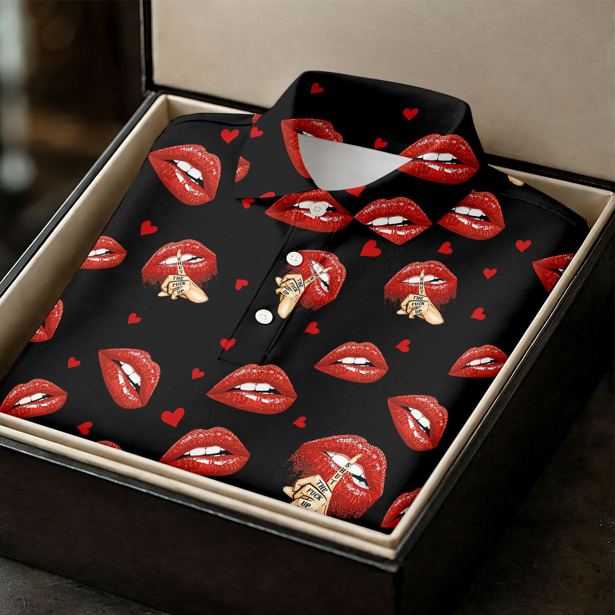 Sassy Red Lips Golf Shirt, Funny Valentine Pattern Design, Men's Golf Polo