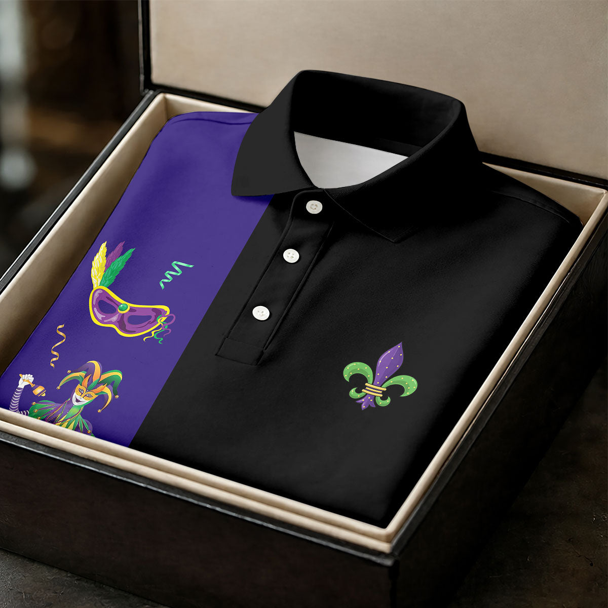 Mardi Gras Festival Jester Figure Fleur De Lis Symbol Black Golf Shirt, Polo ShirtFor Men, Golf Shirts For Men