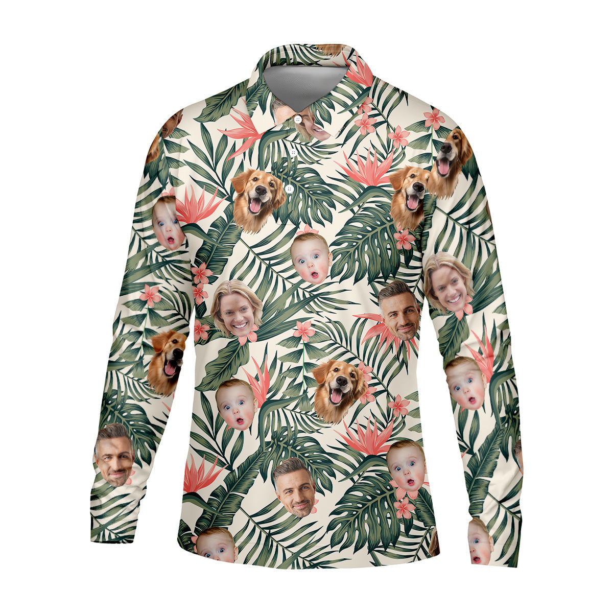 Tropical Floral Pattern Custom Hawaiian Shirts With Face, Men Polo ShirtLong Sleeve Golf Shirts