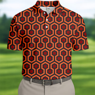 Spooky Hotel Carpet Horror Pattern Mens Golf Polo Shirt Pattern Golf Shirt, Halloween Golf Shirts, Golf Shirts For Men