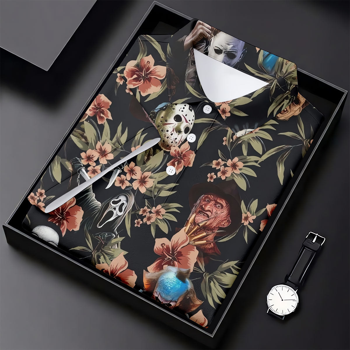 Dark Floral Horror Character Halloween Golf Shirt, Women’s Golf Polo, Printed Golf Shirt