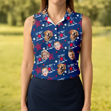 Custom Pet Portrait, America Flag Golf Shirt For Ladies, Women's Golf Polo ShirtPatriotic Golf Shirt