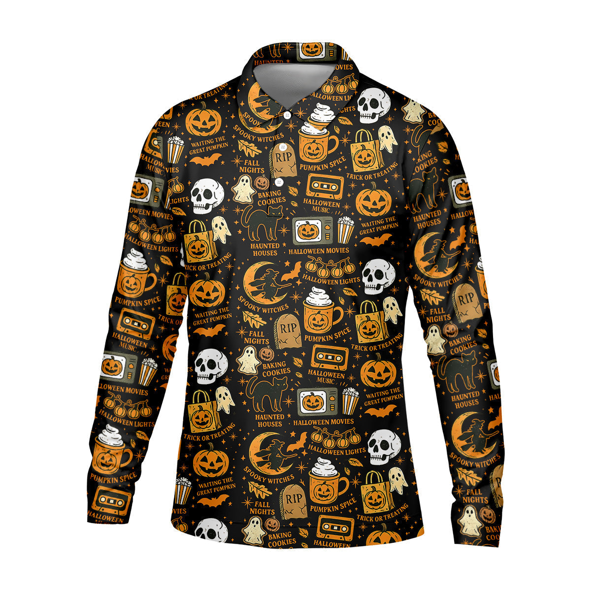 Vintage Halloween Cat Golf Polo Shirt Halloween Theme Shirts, Ghost Pumpkin Mens Golf Polo Shirt Golfing Apparel