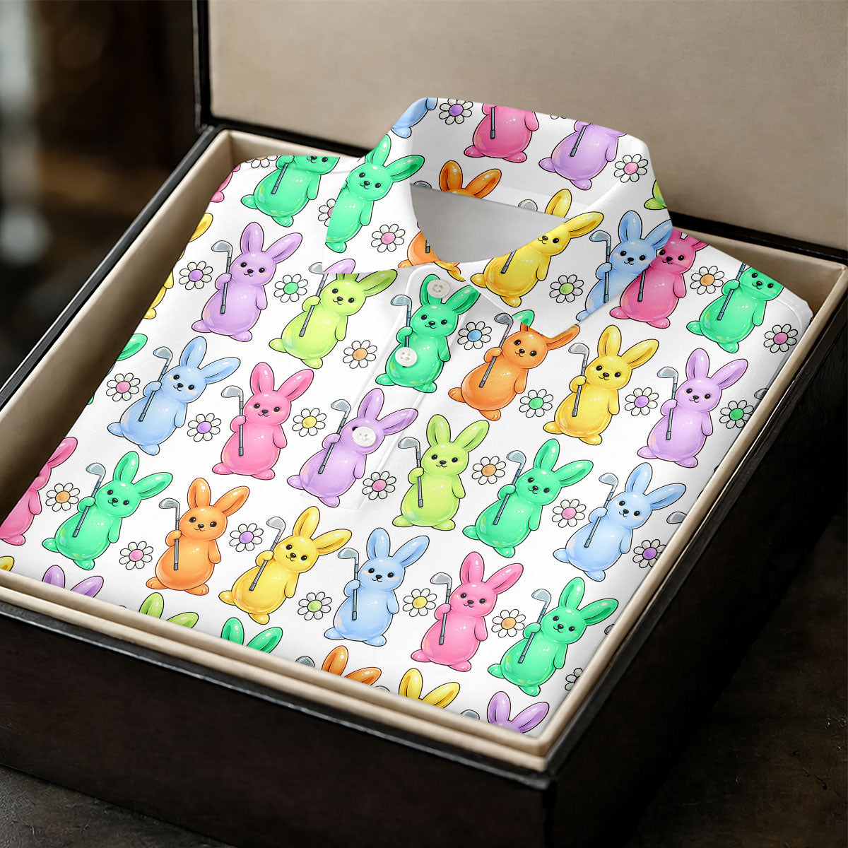 Colorful Easter Bunny White Golf Shirt, Cute Golf Outfit, Golf Shirts For Men, Golf Gift For Men