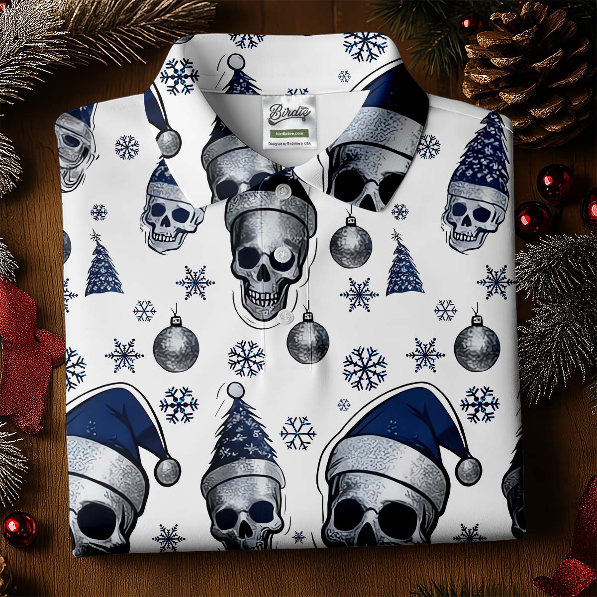 Vintage Skull Christmas Golf Shirt, White Polo Shirt, Cool Golf Gift, Golf Shirts For Men