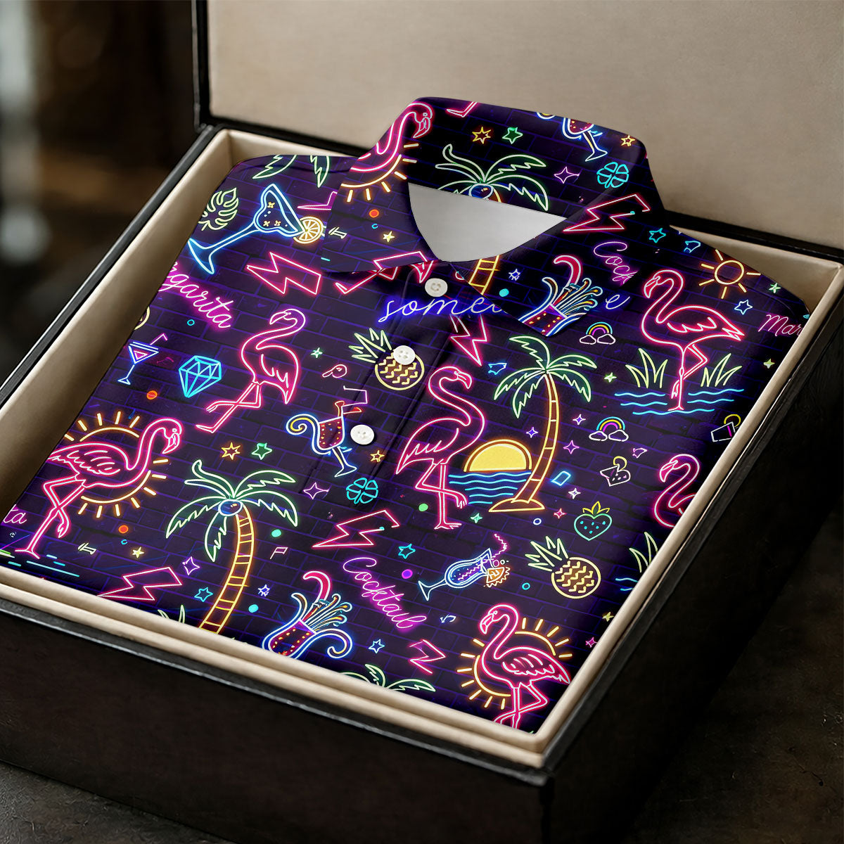 Tropical Theme Neon Pattern Black Golf Shirt, Men's Funny Golf Shirts, Polo ShirtFor Men