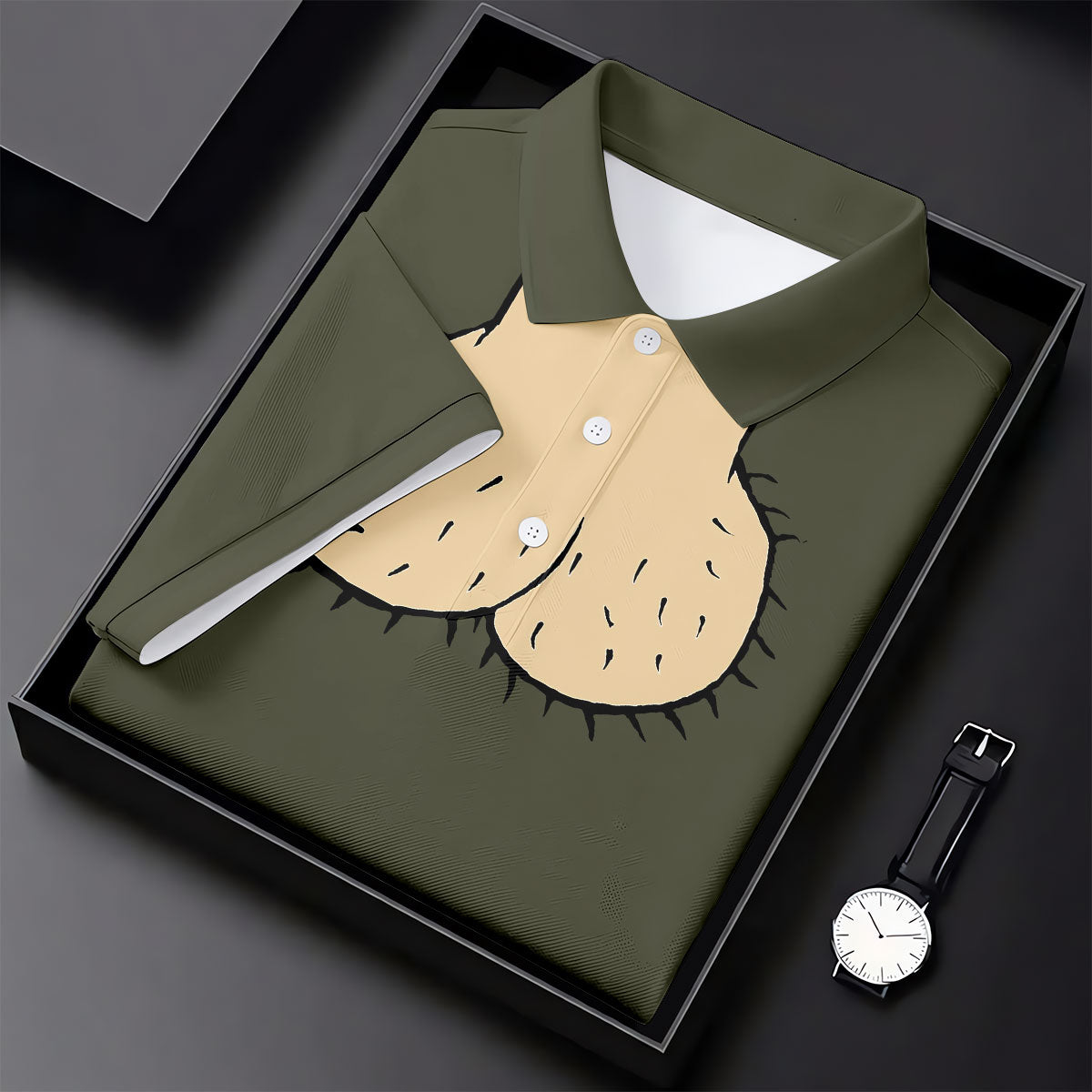 Olive Green Funny Dickhead Faux Chest Golf Shirt, Polo Shirts For Men, Golf Apparel For Men