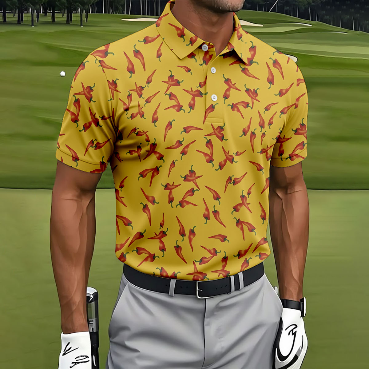 Red Chilli Yellow Hawaiian Golf Shirt, Summer Vibe Golf Shirts For Men, Polo Shirtor Men