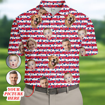 American Flag Golf Shirts, Custom Shirts With Faces, Men's Golf Polo ShirtMen's 4th Of July Shirts