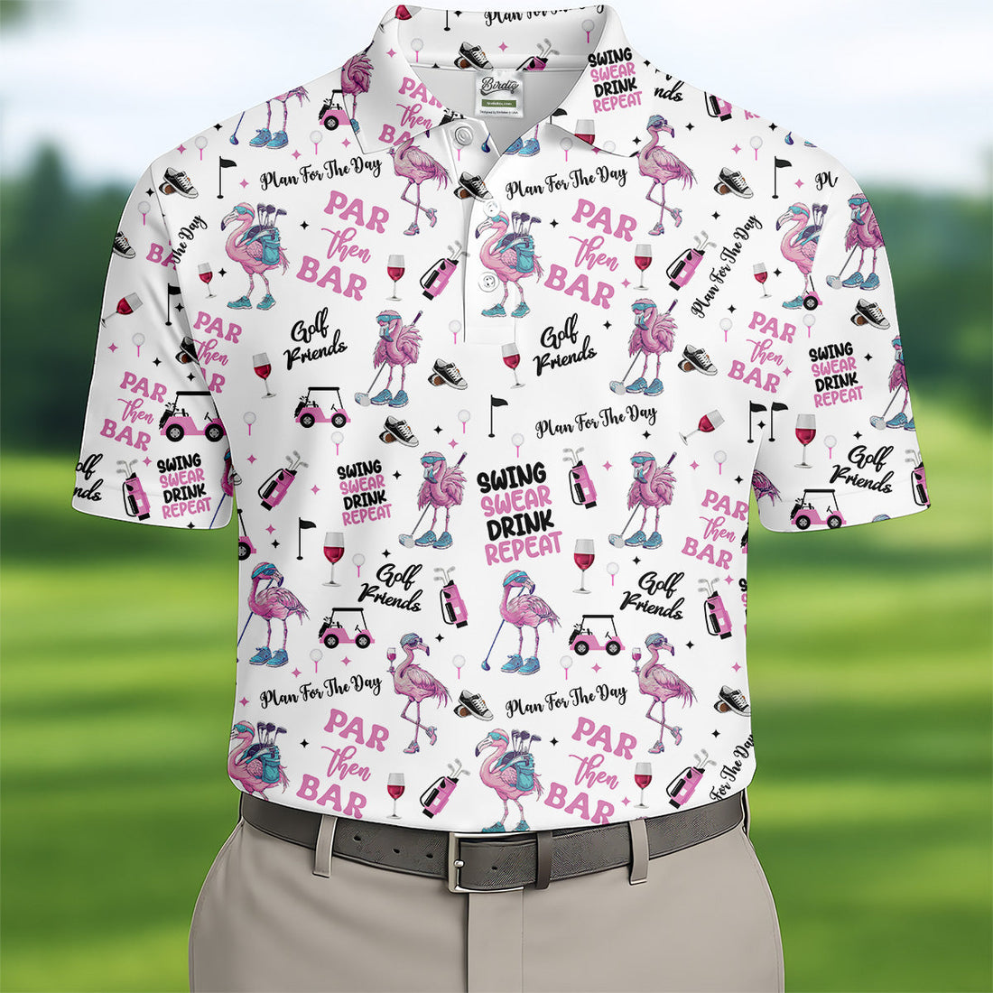 Par Then Bar Flamingo Funny Men Polo ShirtFun Golf Polos For Men, Golf Shirts, Dad Golf Gift
