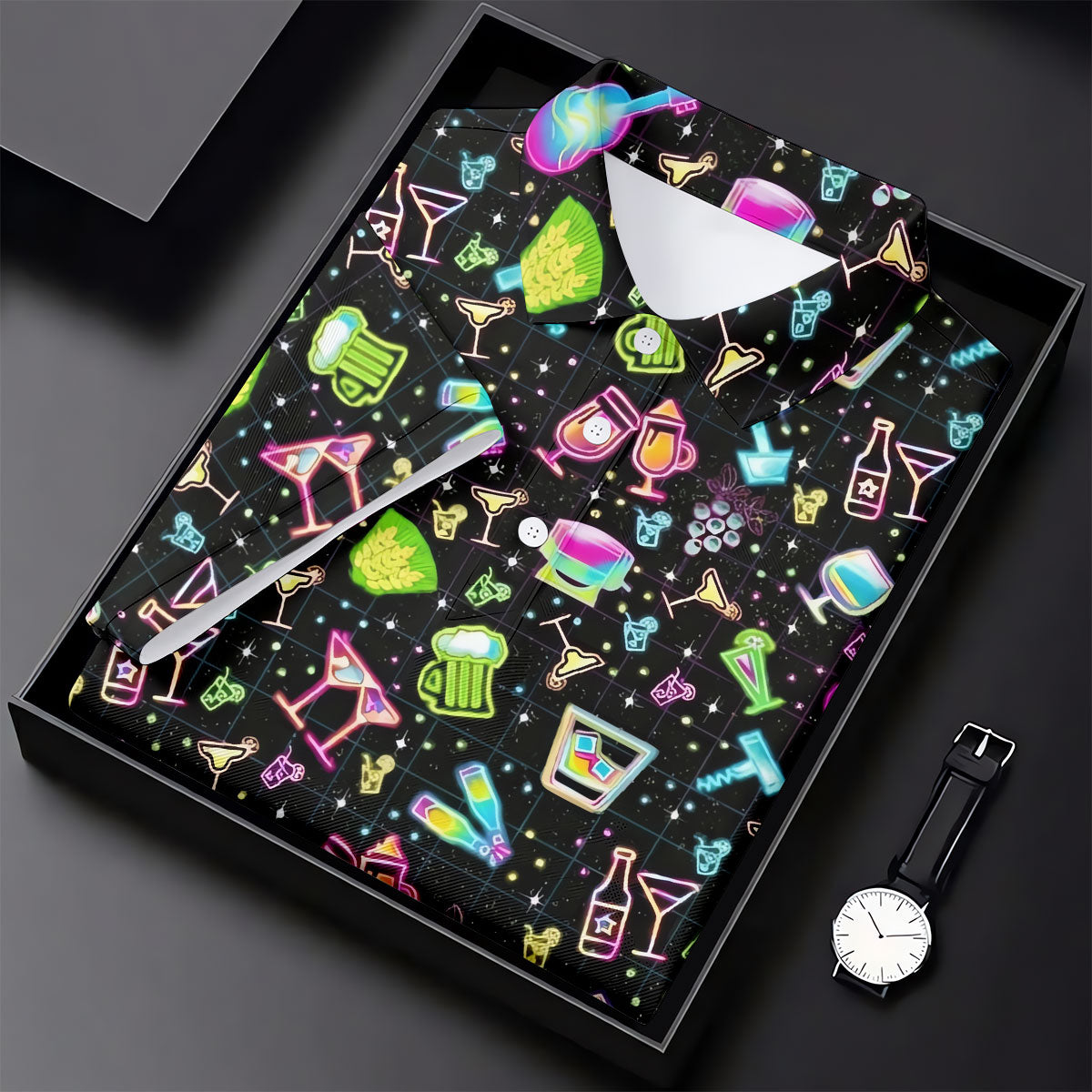 Neon Cocktail Party Pattern Design Hawaiian Golf Shirt, Golf Shirts For Men, Polo Shirts For Men