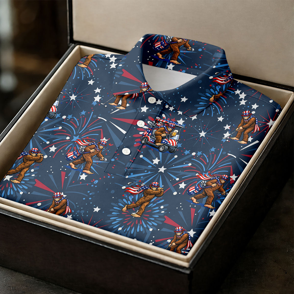 Funny Bigfoot Golf Pose Festive Vibe Navy 4th Of July Golf Shirts For Men, 250th Anniversary Patriotic Golf Shirt