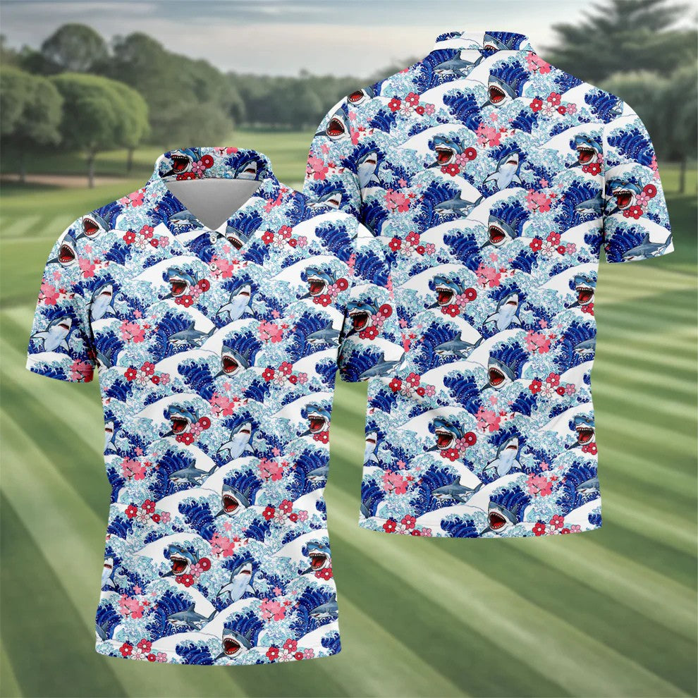 Funny Shark Japanese Wave Hawaiian Golf Shirt, Men's Golf Shirt, Polo Shirts For Men