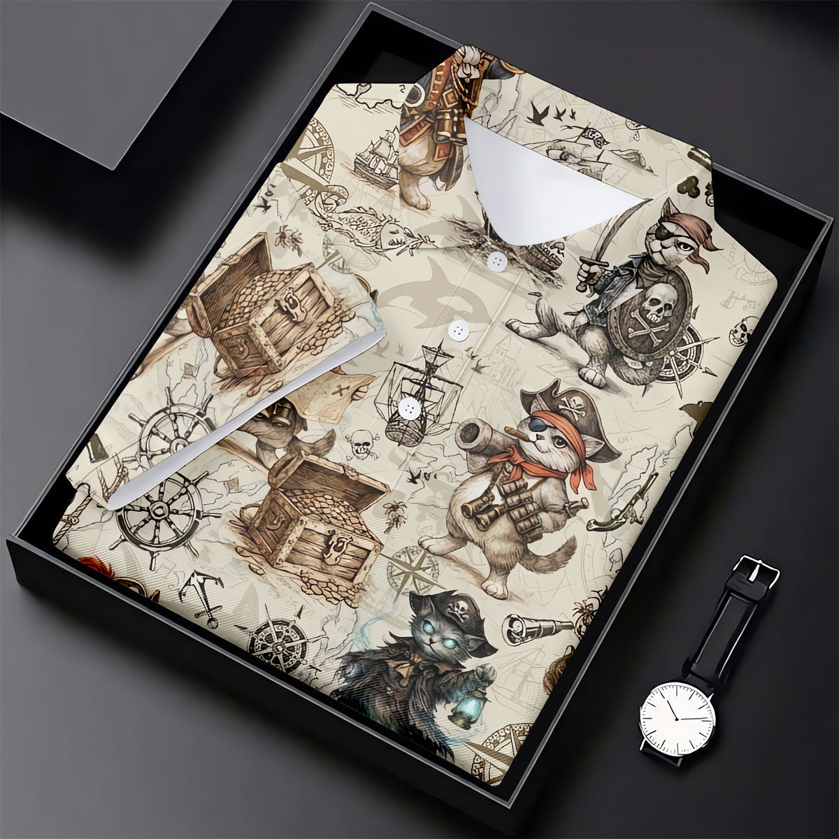 Vintage Pirate Cat Treasure Map Adventure Golf Shirt, Mens Polo Shirt, Hawaiian Golf Shirt, Golf Shirts For Men