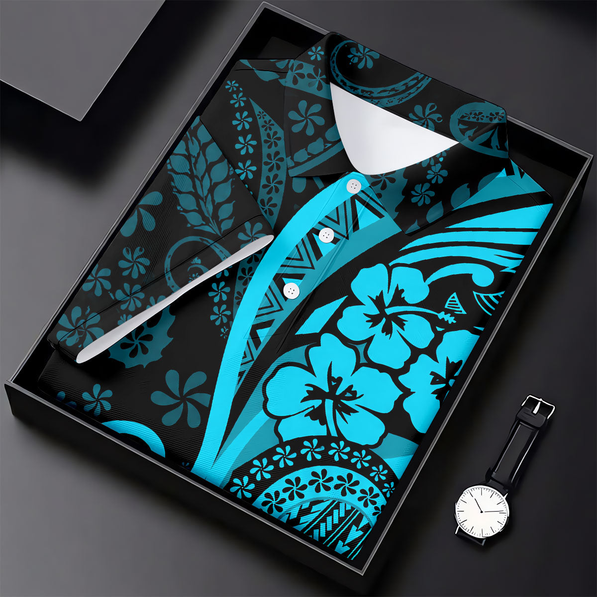 Island Tribal Golf Shirt, Blue Hawaiian Hibiscus Polo, Polo Shirts For Men