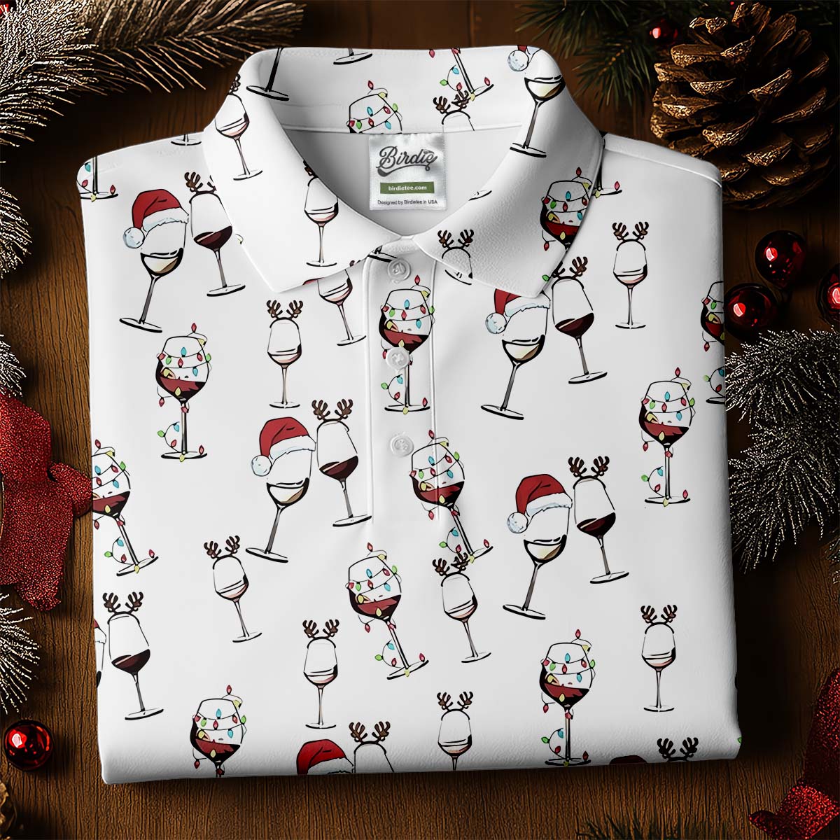 Wine Glass Christmas Lighting Golf Tops For Men, Christmas Golf Shirt, Polo ShirtFor Men