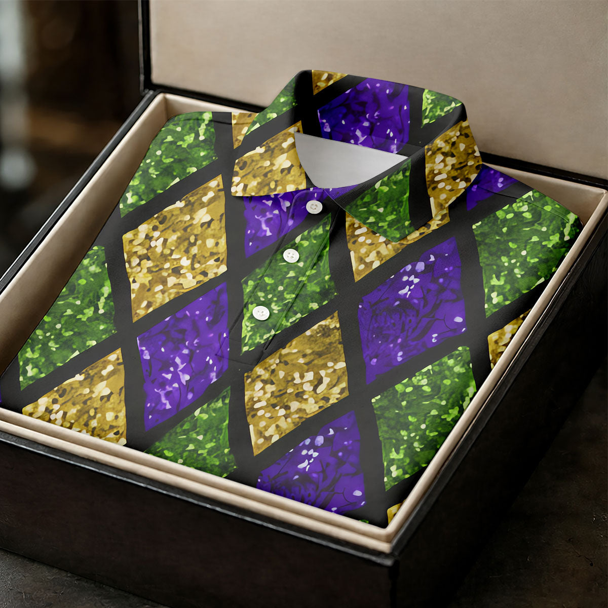 Green Purple Gold Argyle Pattern Sparkling Effect Mardi Gras Golf Shirt, Polo ShirtFor Men, Golf Shirts For Men