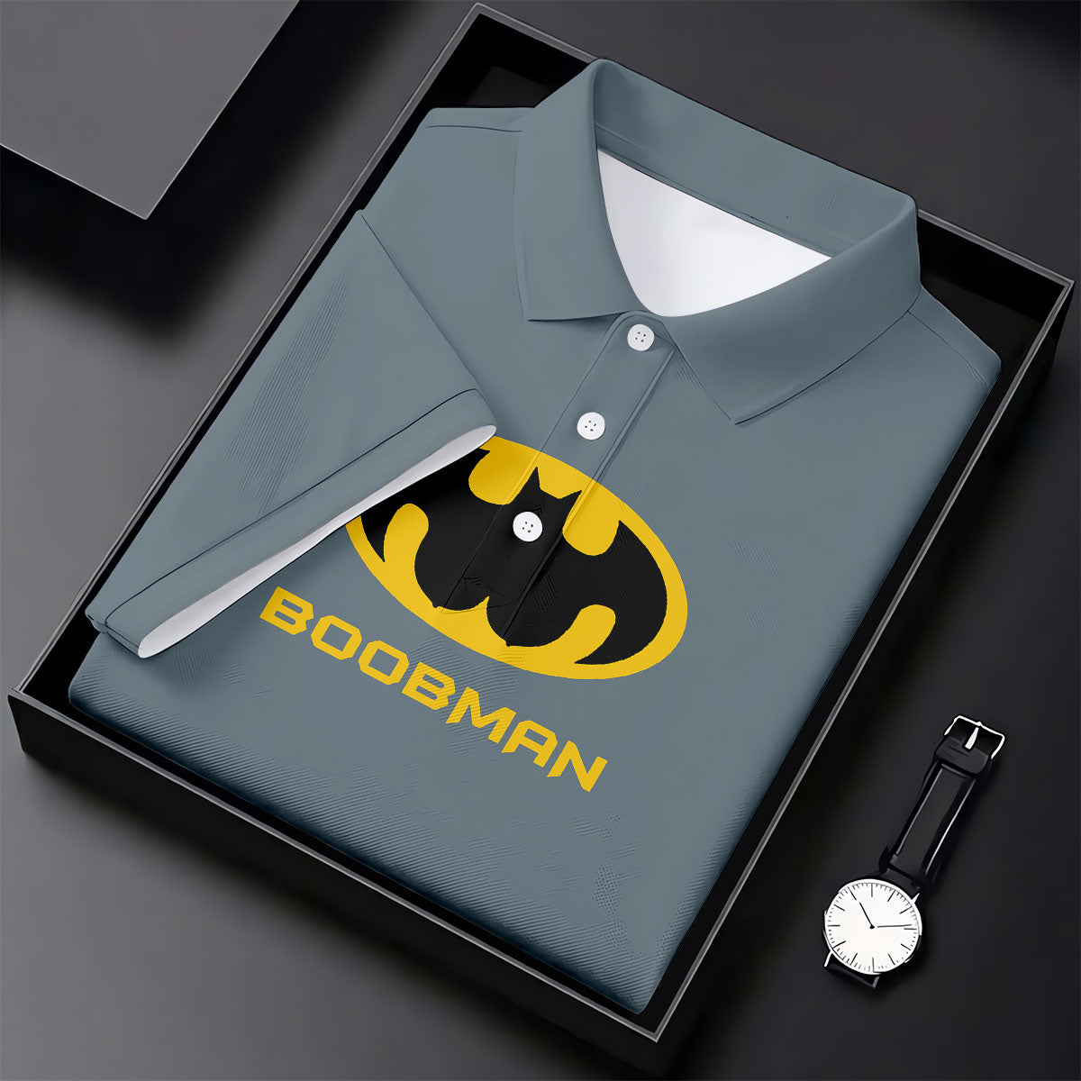 Boobman Comic Hero Logo Belt Golf Polo Shirt, Men's Polo Shirt, Funny Golf Apparel, Performance Golf Shirt