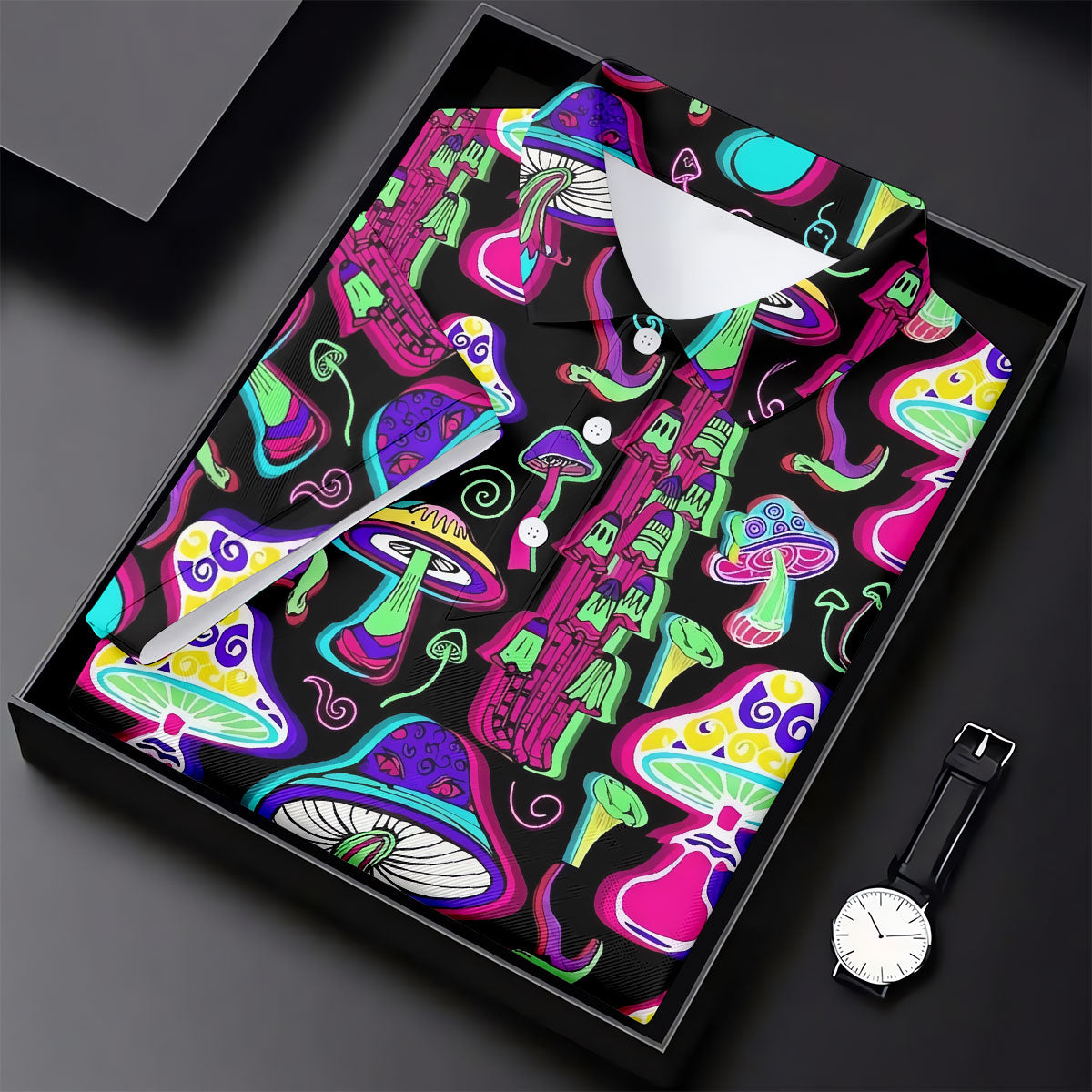 Black Neon Mushroom Pattern Golf Shirt, Mens Golf Polo, Golf Apparel For Men, Printed Golf Shirts