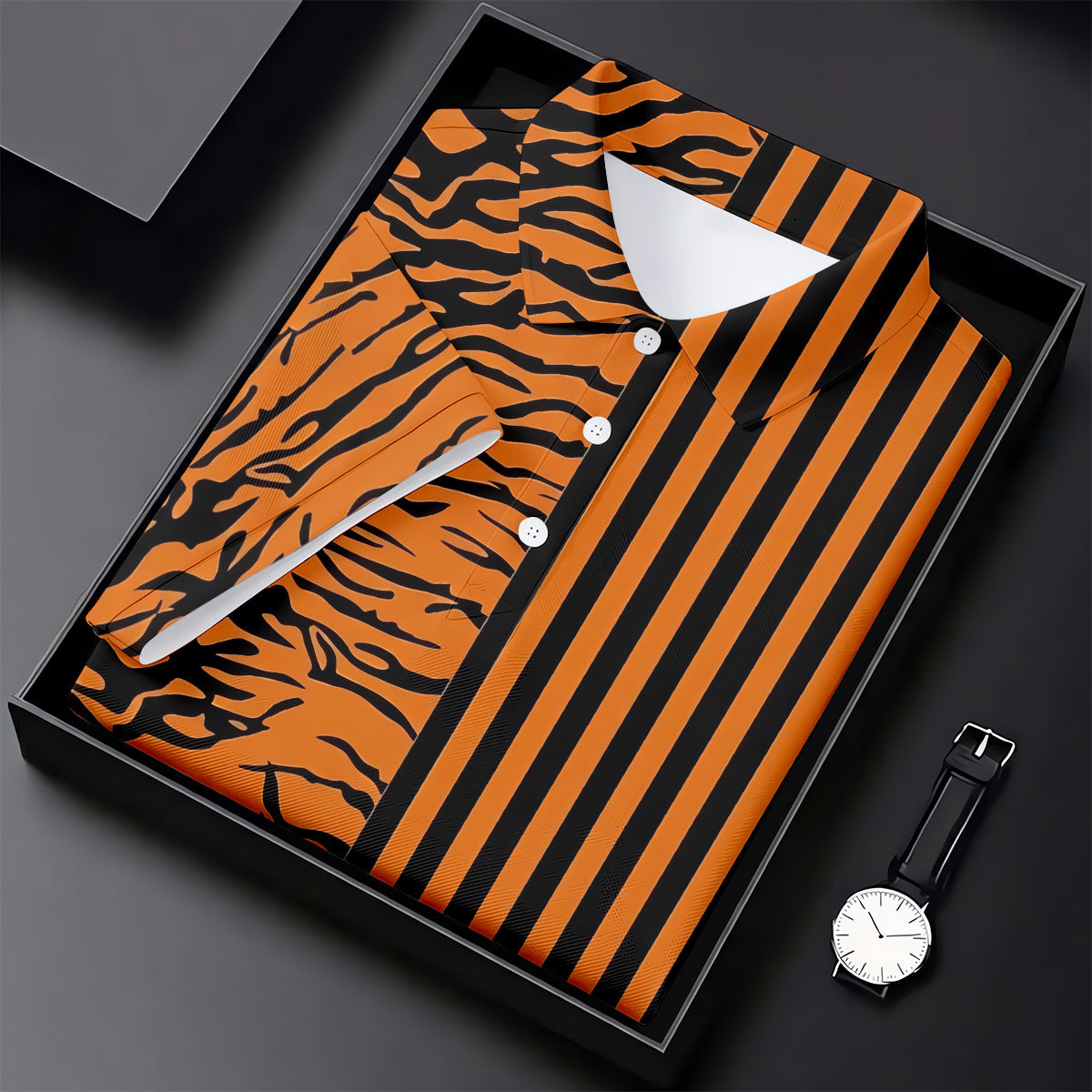 Orange Tiger Stripe Split Pattern Golf Shirt, Mens Golf Polo, Golf Apparel For Men, Golf Polo Shirts For Men