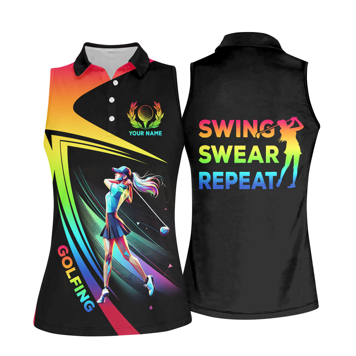 Swing Swear Repeat Personalized Funny Golf Polo ShirtCustom Ladies Golf Shirt