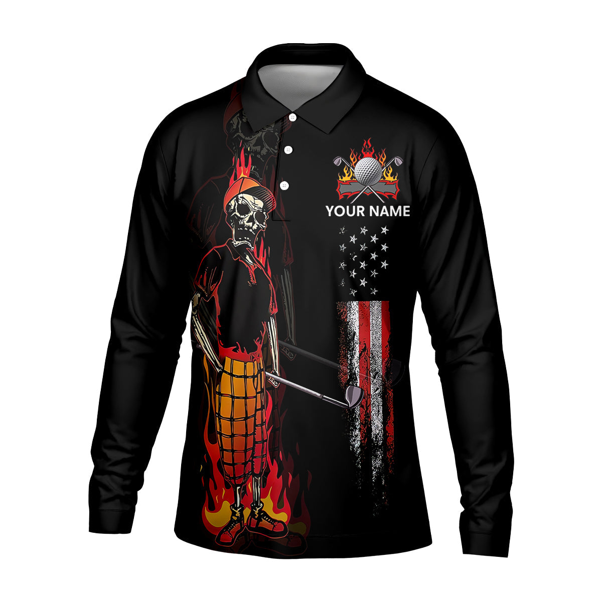 Custom Flaming Skeleton Men's Golf Polo Shirtens Golf Gift, Funny Golf Shirt