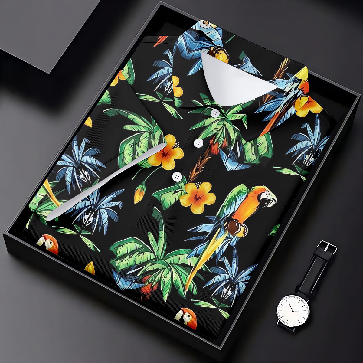 Black Tropical Parrot Palm Flower Pattern Golf Shirt, Men's Golf Shirt, Mens Polo Shirts, Hawaiian Golf Shirt