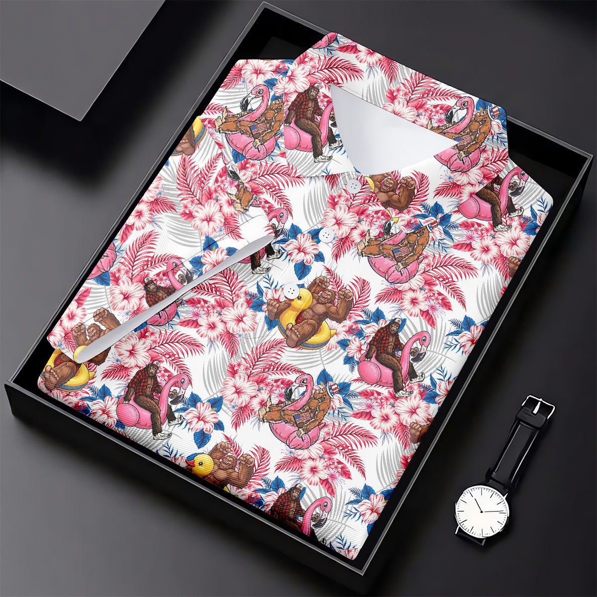 Funny Bigfoot Pool Party Hawaiian Golf Shirt, Red White Blue Tropical Flamingo Golf Shirt For Women
