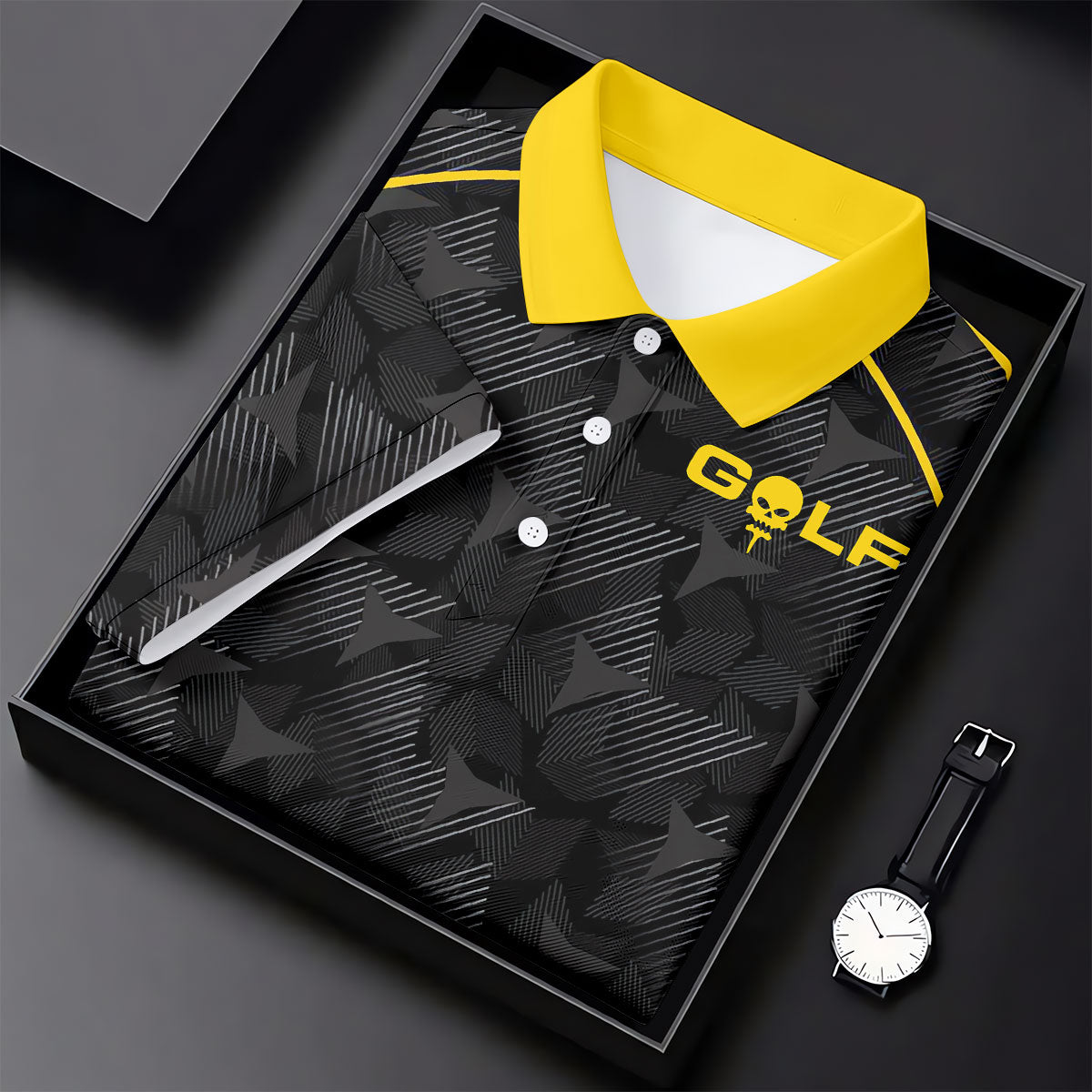 Abstract Triangle Black Yellow Golf Tops For Men, Father's Day Golf Gift, Polo Shirtor Men